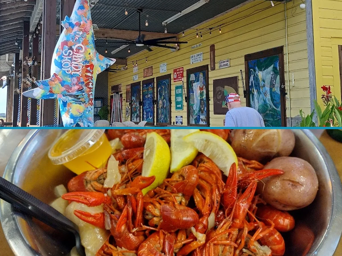 Casual seafood dining room with simple tables and chairs.