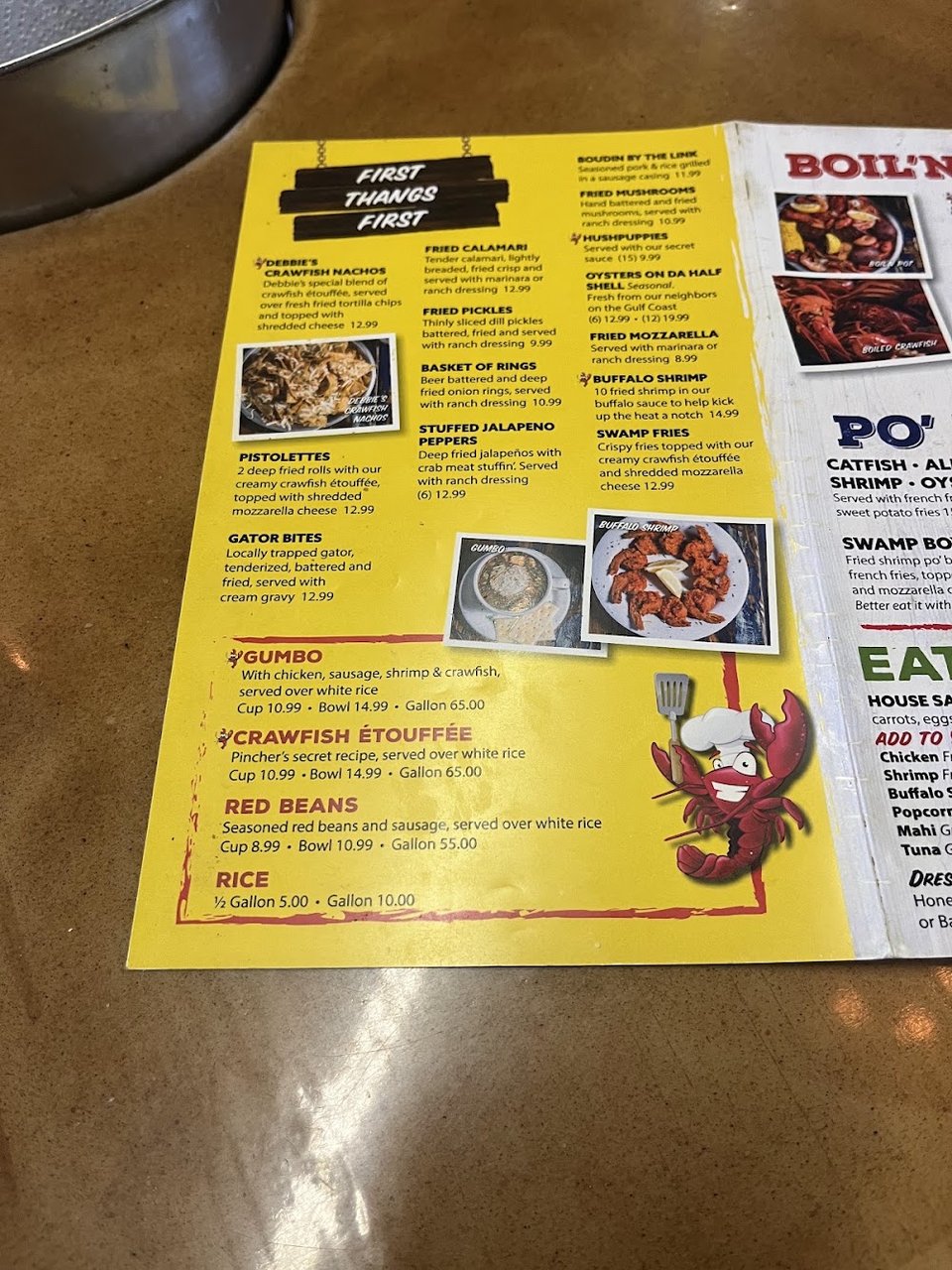 Menu layout for catfish, shrimp, and oyster plates.